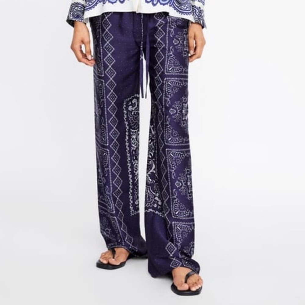 Zara geometric and floral pattern flowy bell bottom pants
